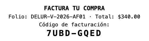 Bloque “Factura tu compra” del ticket con el folio, el total y el código de facturación